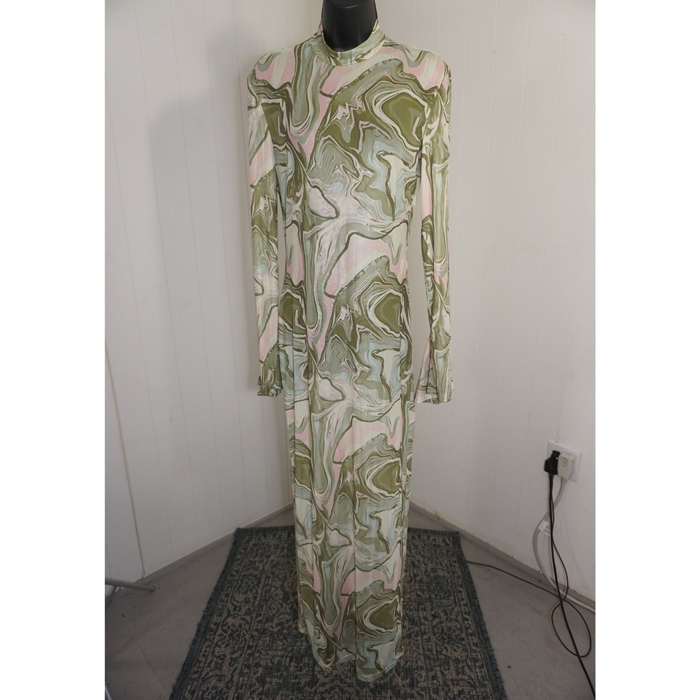 Green Marble Mesh Maxi Dress Large Pink Abstract Print Mock Neck Bell Sleeve